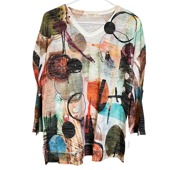 Jess & Jane Large Toscana Top V-Neck Long Sleeve Colorful Blouse Size - Picture 1 of 7